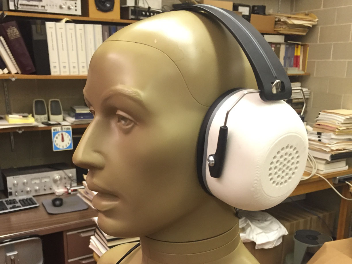 Testing the prototype on a mannequin in the Audio Research lab at the University of Waterloo